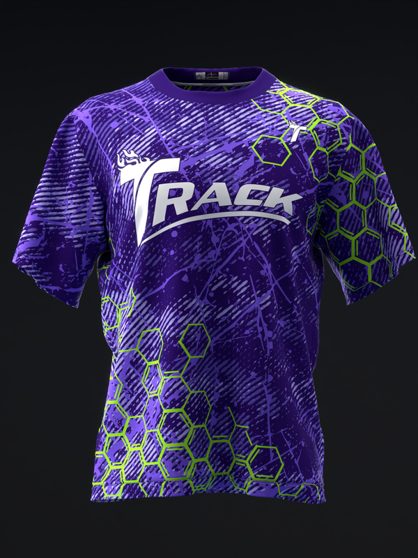 Purple bowling jersey with white Track logo and neon yellow hexagon pattern, front view
