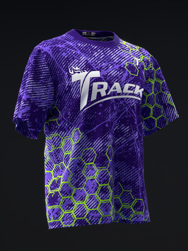 Purple bowling jersey with white Track logo and neon green hexagon pattern