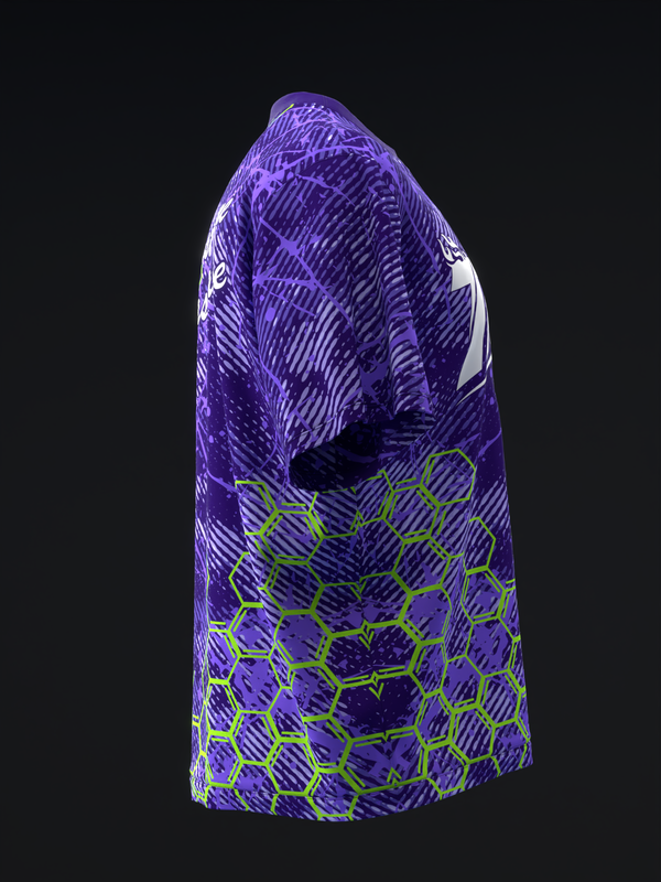 Purple bowling jersey with neon green hexagon pattern and striped design, side view