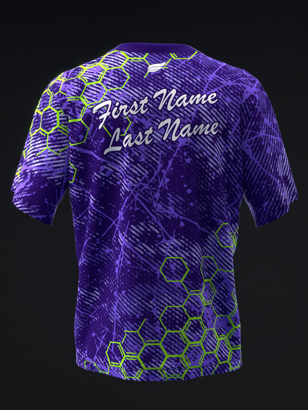 Purple bowling jersey with neon yellow hexagon pattern and personalization text