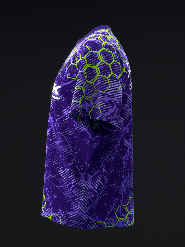 Purple bowling jersey with neon yellow hexagon and line pattern design