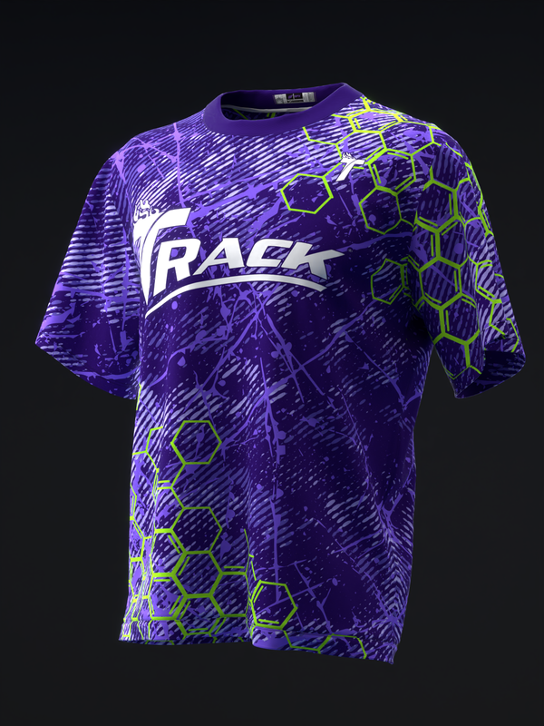 Purple bowling jersey with white Track logo and neon yellow hexagon pattern