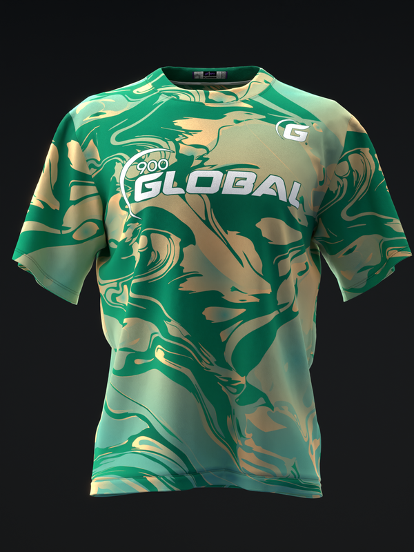 Green and tan swirled bowling jersey with Global logo on front