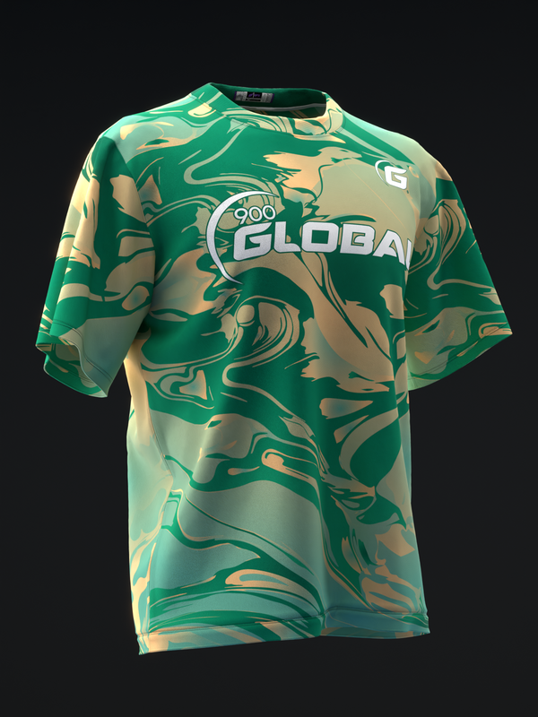 Green and tan bowling jersey with abstract liquid swirl pattern, front view