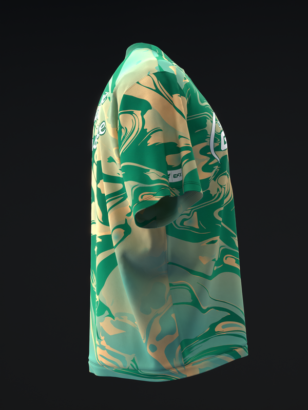 Green and tan bowling jersey with abstract swirl pattern, side view