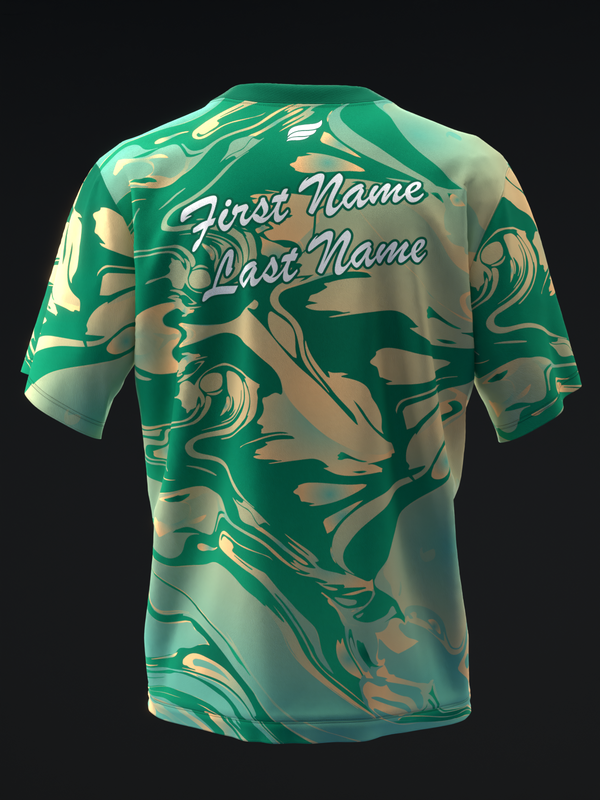 Green bowling jersey with abstract liquid pattern and personalized name text, back view