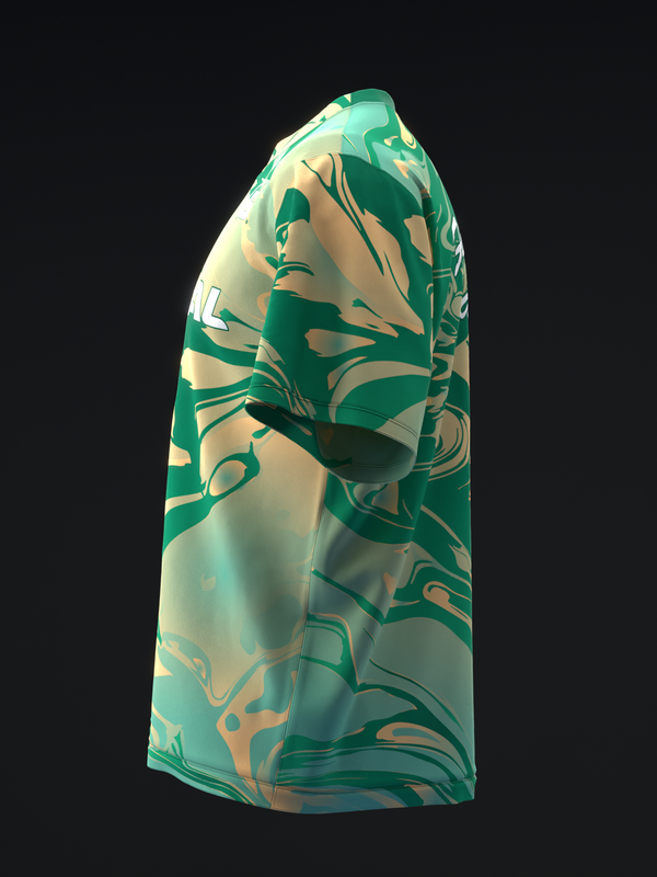 Green and tan bowling jersey with abstract swirl pattern, side view