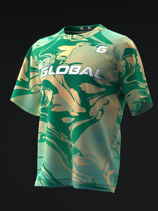 Green and tan bowling jersey with abstract liquid swirl pattern, front view