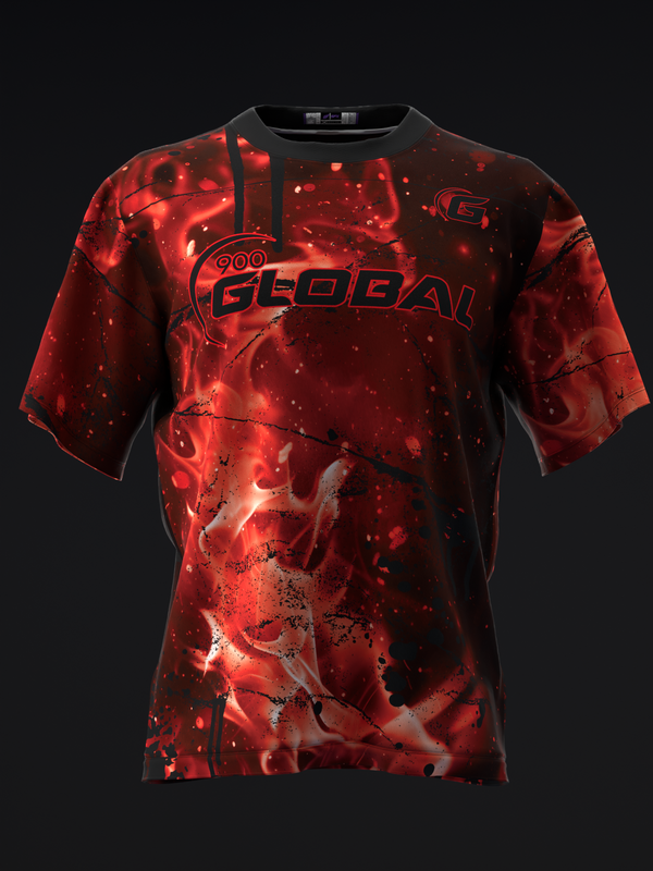 Red and black bowling jersey with glowing ember abstract graphic design front view