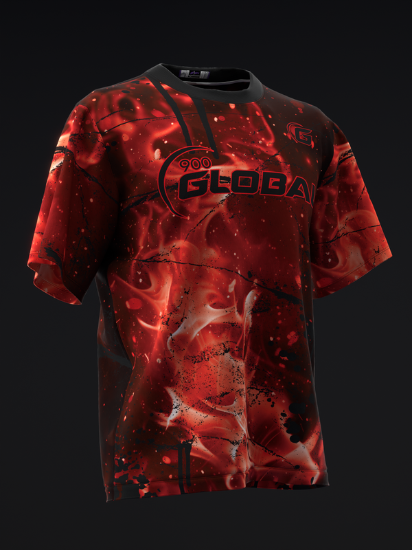 Red bowling jersey with abstract ember fire graphic and logo on front