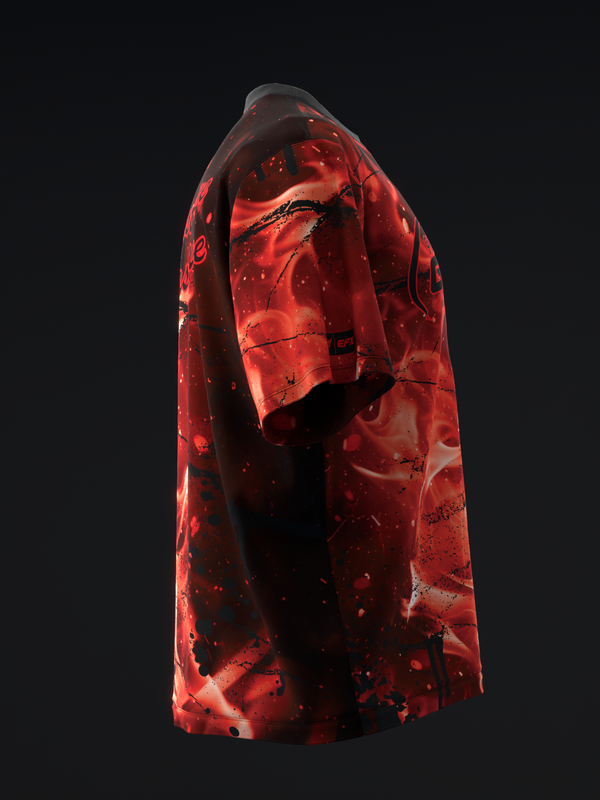 Red bowling jersey with abstract black splatter and texture design, side view