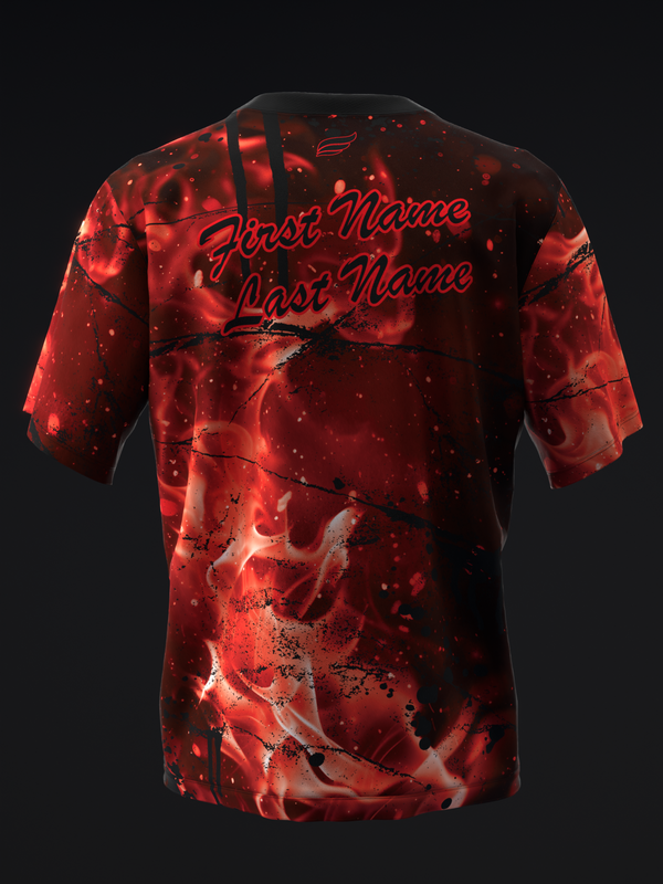 Red bowling jersey with abstract flame and splatter pattern, back view