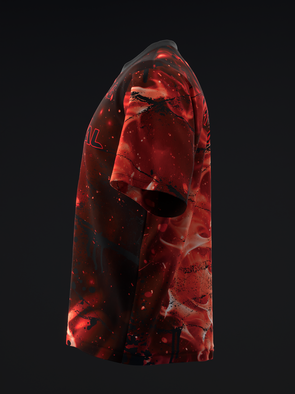 Red bowling jersey with abstract ember and flame graphic design, side view