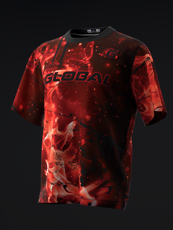 Red and black splatter pattern bowling jersey with Global text graphic