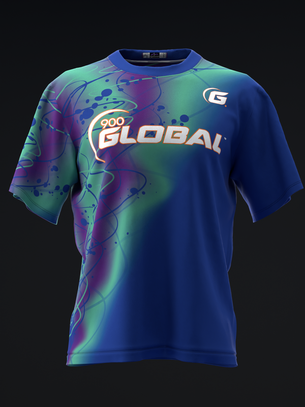 Navy bowling jersey with purple and teal gradient design and 900 Global logo