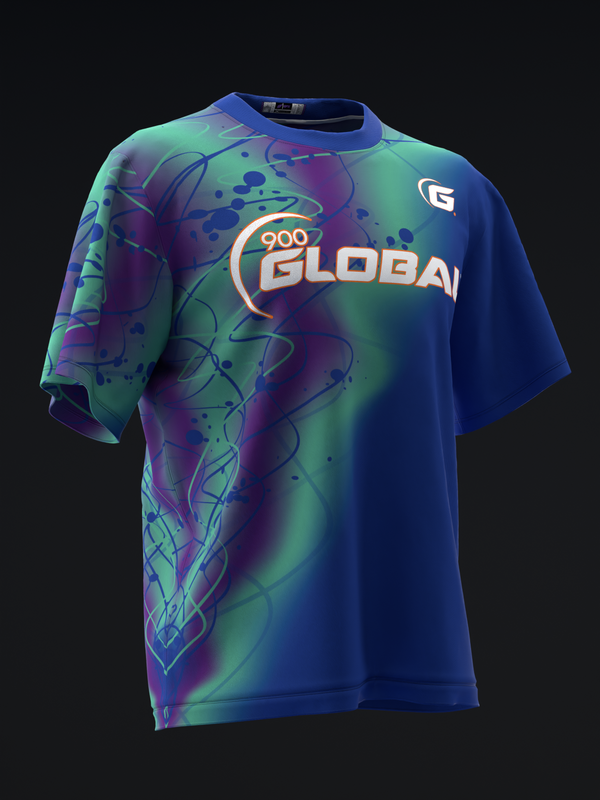 Blue bowling jersey with purple and green gradient design and 900 Global logo