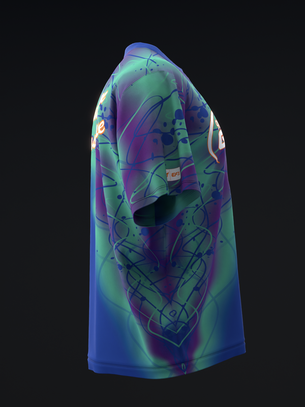 Bowling jersey with iridescent gradient featuring abstract geometric and line design back view