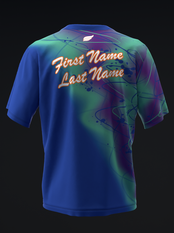 Bowling jersey back view with gradient blue and purple tie-dye and orange personalization text