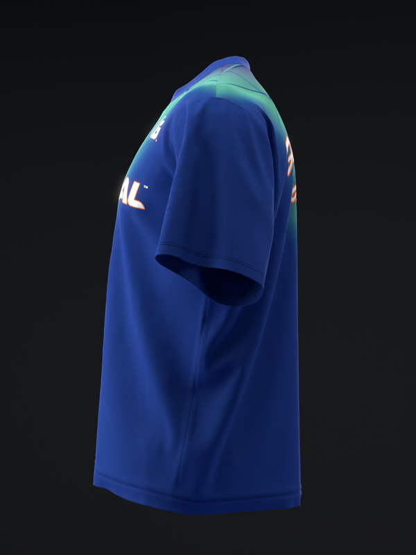 Blue bowling jersey with white text graphic on shoulder and side view