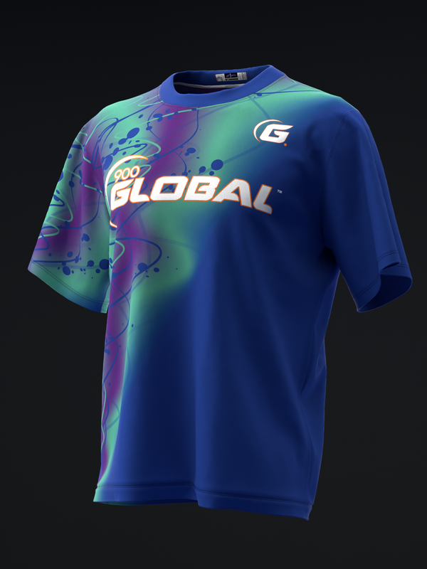 Blue bowling jersey with Global logo and gradient purple-green splatter design on sleeves