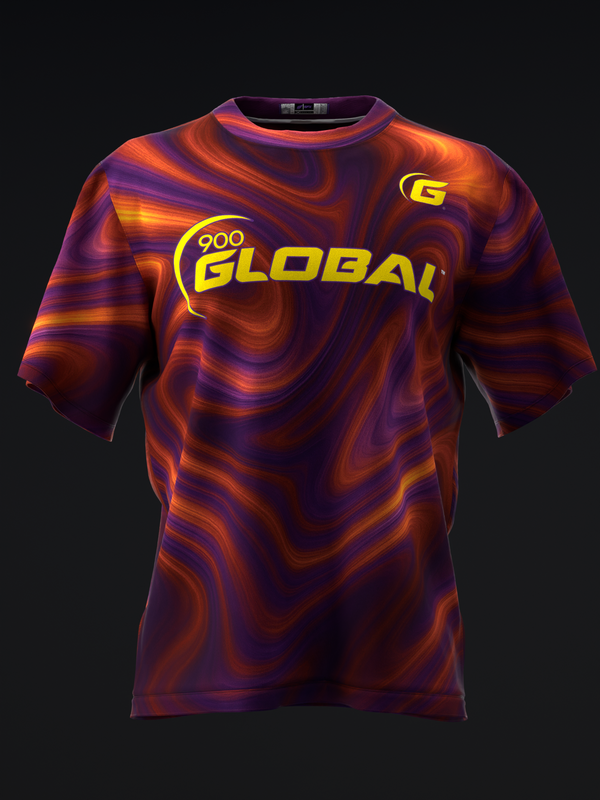 Front view of purple and orange swirled bowling jersey with yellow 900 Global logo