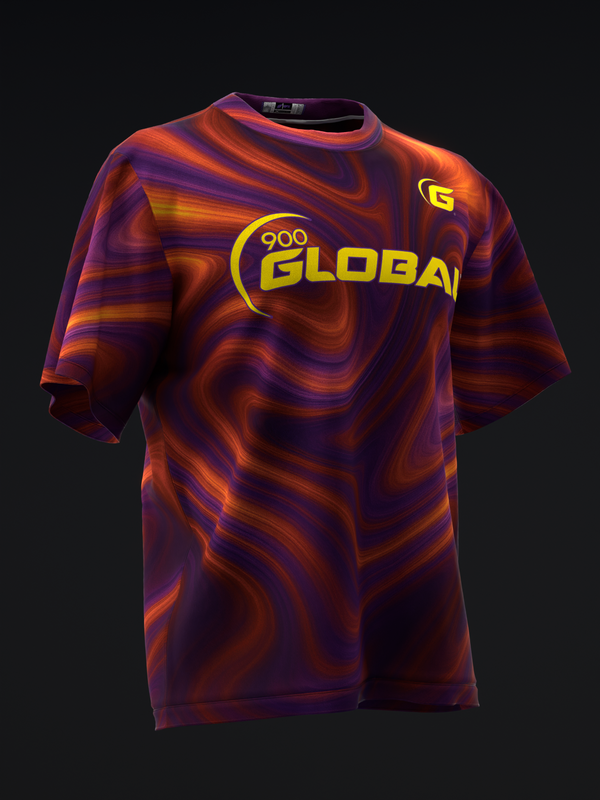 Purple and orange swirled bowling jersey with yellow Global logo on front
