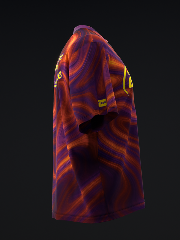 Purple and orange swirl bowling jersey with yellow accents, side view