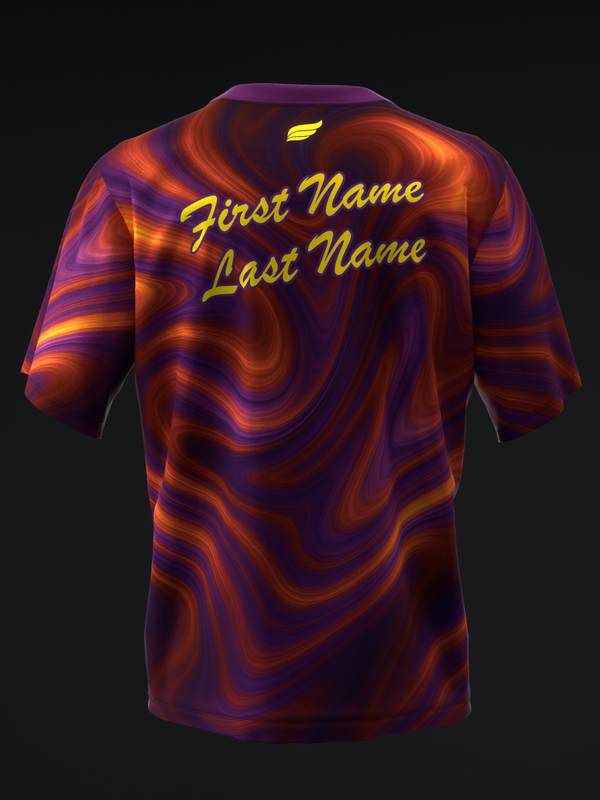 Purple and orange swirled bowling jersey back with personalized yellow text