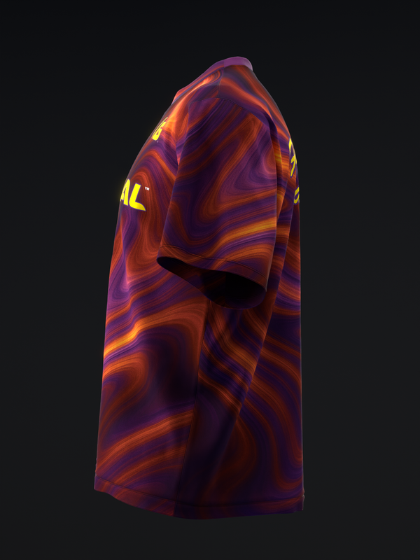 Purple and orange swirled bowling jersey with yellow text on sleeve