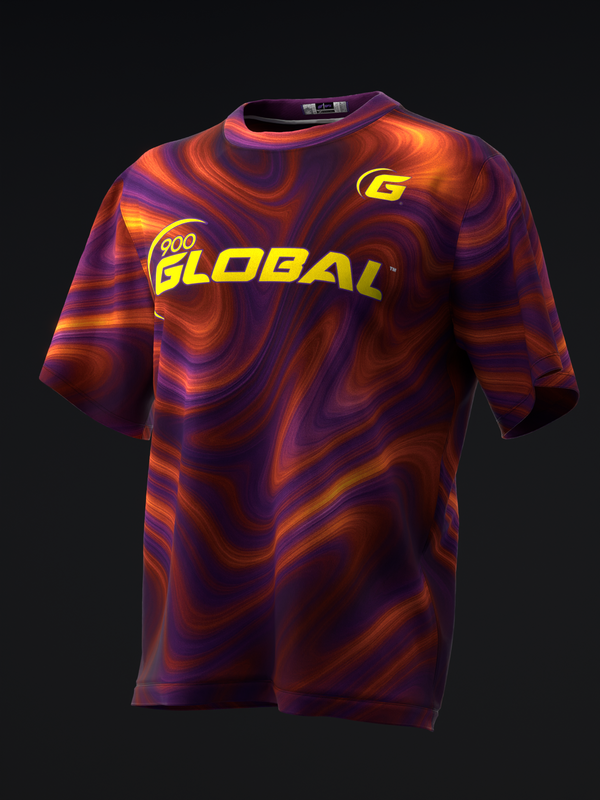 Black short-sleeved bowling jersey with purple and orange swirled pattern and yellow Global logo