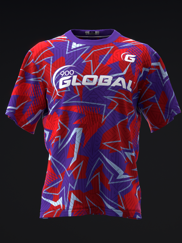 Red and purple bowling jersey with geometric lightning bolt pattern and Global logo