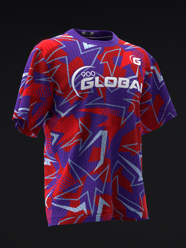 Red and purple bowling jersey with geometric star pattern and 900 Global logo