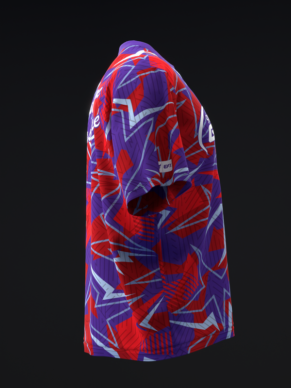 Red and purple bowling jersey with geometric angular pattern, back view