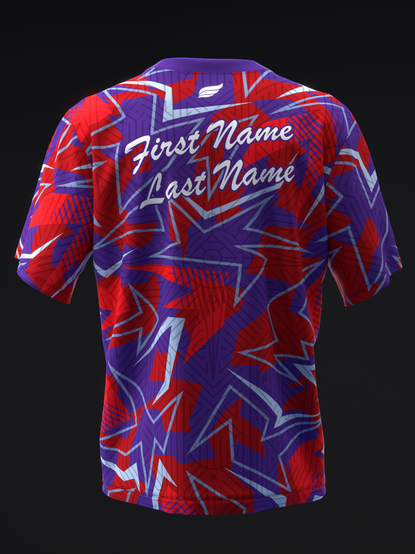Purple and red bowling jersey with geometric star pattern, back view with name customization.