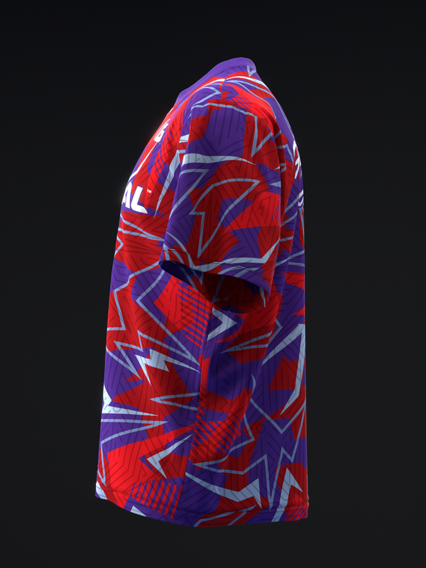 Red and purple bowling jersey with geometric lightning bolt pattern, side view