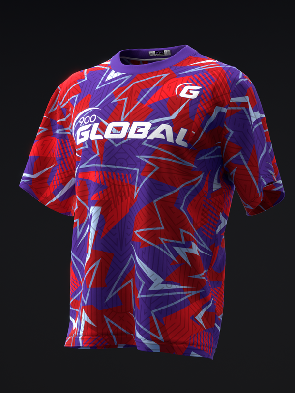 Red and purple bowling jersey with geometric lightning bolt pattern and Global branding