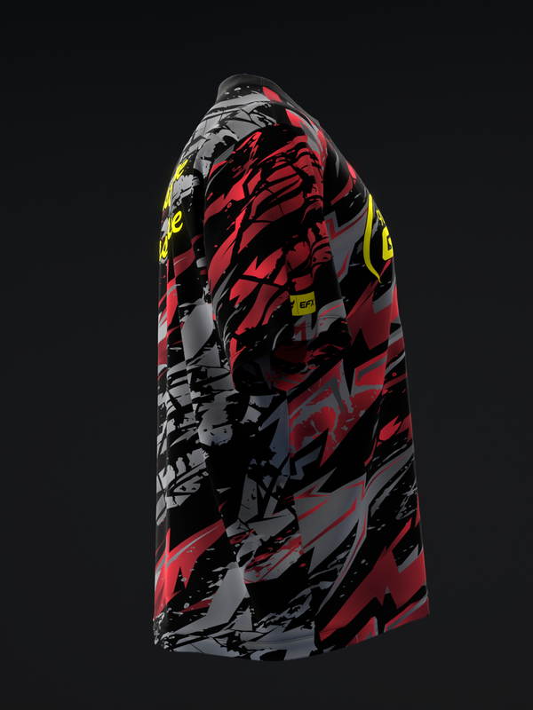 Red, black, and gray bowling jersey with abstract graphic design, side view