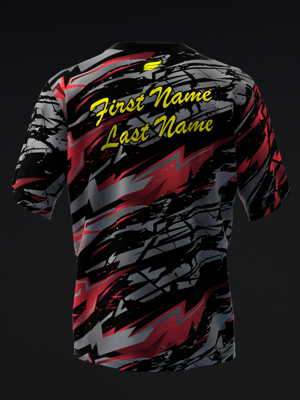 Black bowling jersey with red and gray diagonal stripes and yellow text personalization