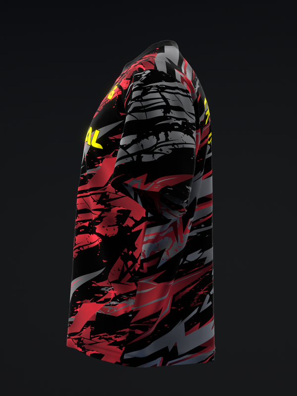 Red, black, and gray bowling jersey with abstract geometric graphic pattern