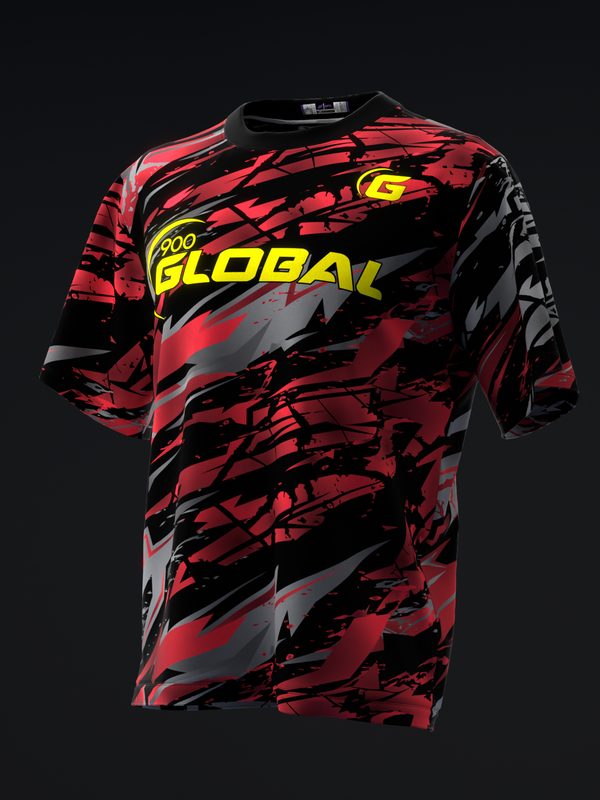 Red and black abstract splatter bowling jersey with yellow Global text on front