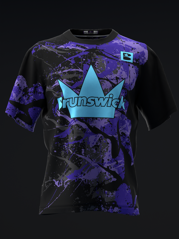 Black bowling jersey with purple and cyan abstract splatter design and crown graphic
