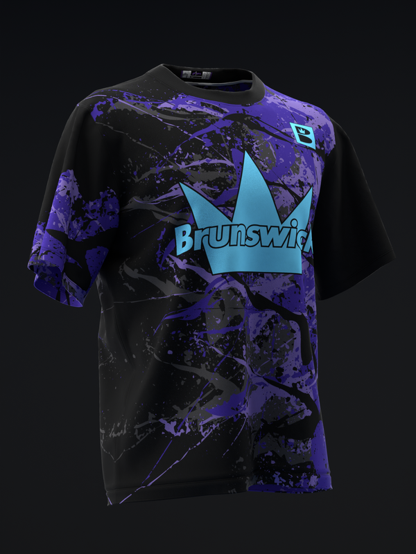 Black and purple tie-dye bowling jersey with cyan Brunswick crown logo