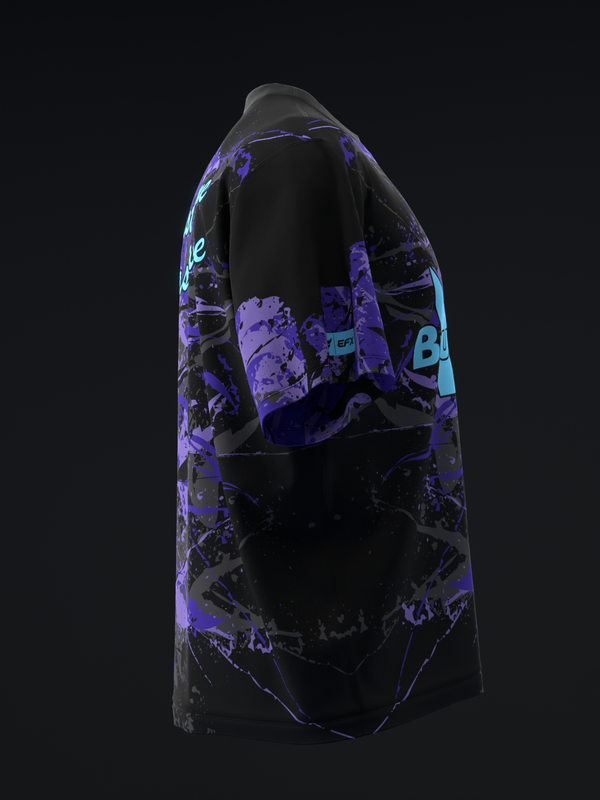 Black bowling jersey with purple and blue abstract splatter pattern design back view