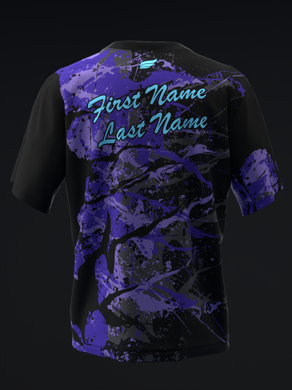 Black bowling jersey with purple and cyan abstract graphic design and personalized name text