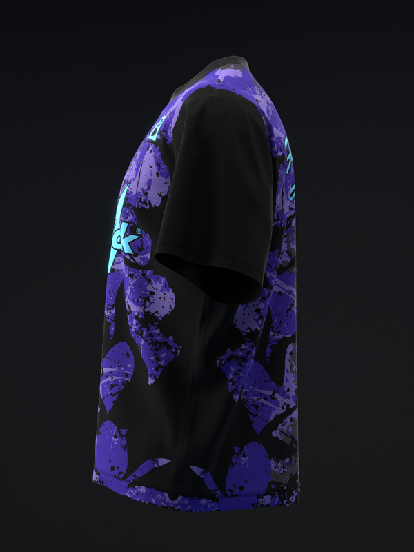 Black bowling jersey with purple abstract splatter pattern on sleeves, side view