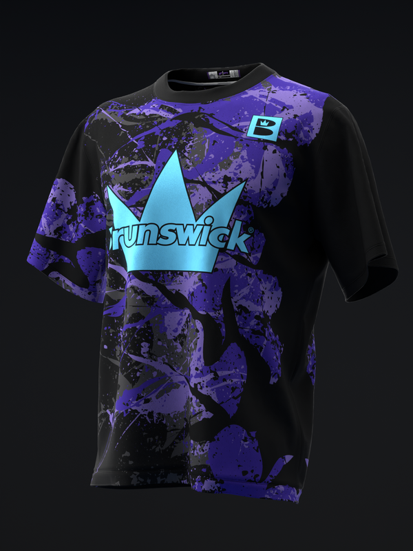 Black bowling jersey with purple and cyan splatter pattern and crown logo