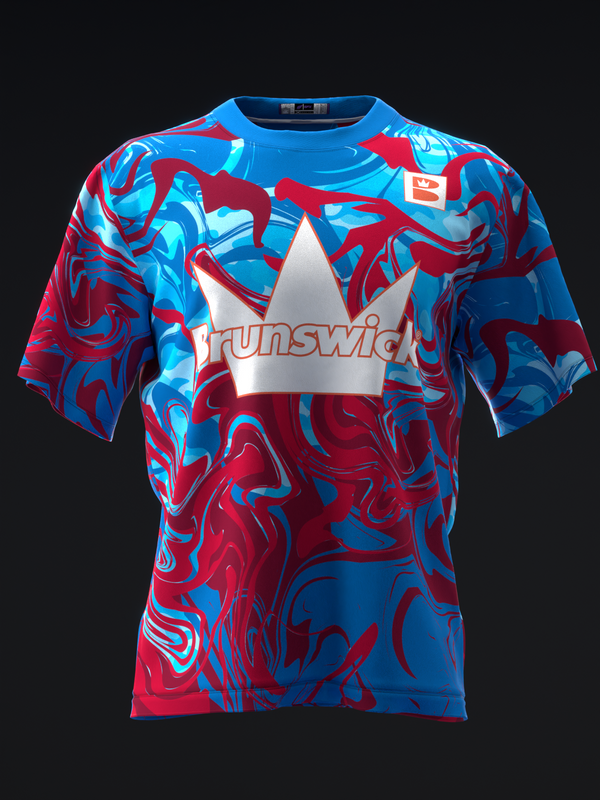 Blue and red marbled bowling jersey with white star and Brunswick logo