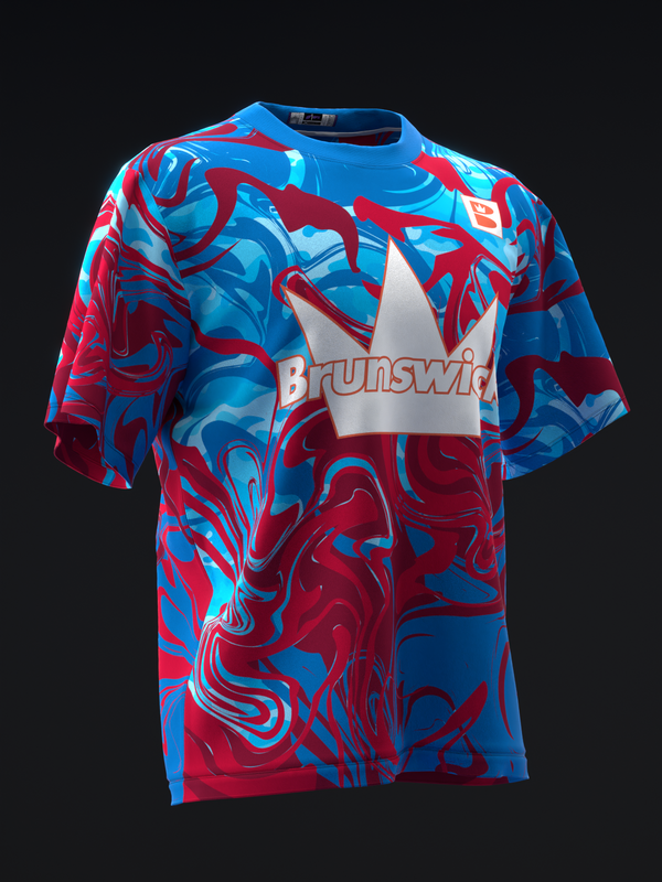 Blue and red marbled bowling jersey with Brunswick logo on chest, front view