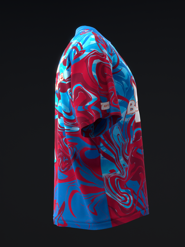 Red and blue abstract swirl pattern bowling jersey, side view