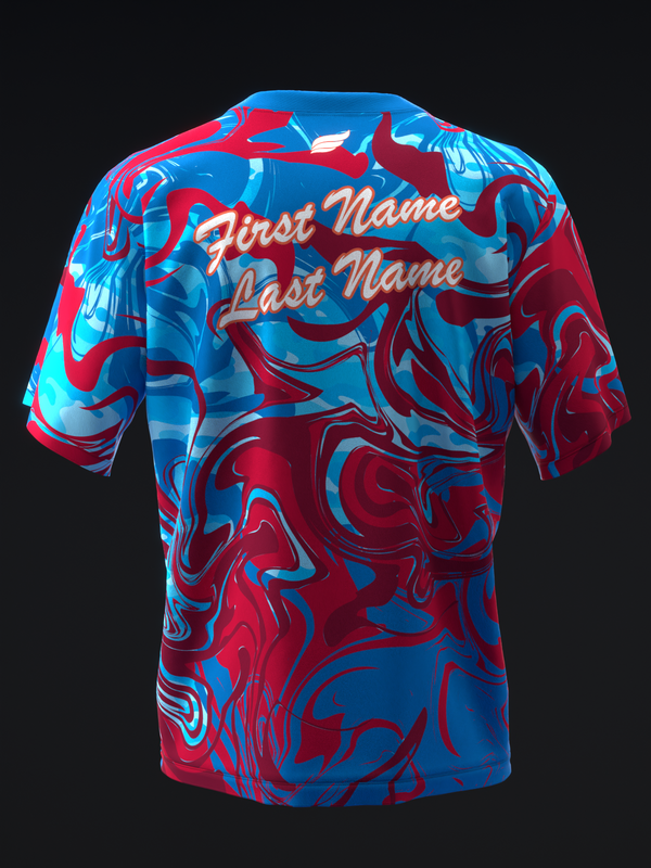 Back view of red and blue swirled bowling jersey with personalized name embroidery